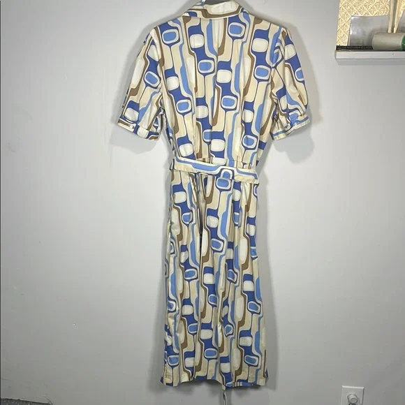 J McLaughlin Belted Shirt Dress Blue Cream Coastal Resort Pockets XL - Picture 8 of 11